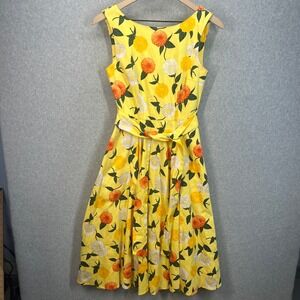 Collectif Yellow Floral Cotton Blend Sleeveless Fit Flare Sundress Womens 6
